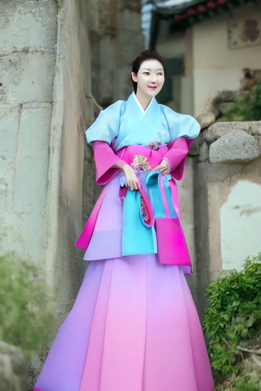 Pretty Korean Woman Wearing Beatiful Hanbok, Bright | Stable Diffusion ...