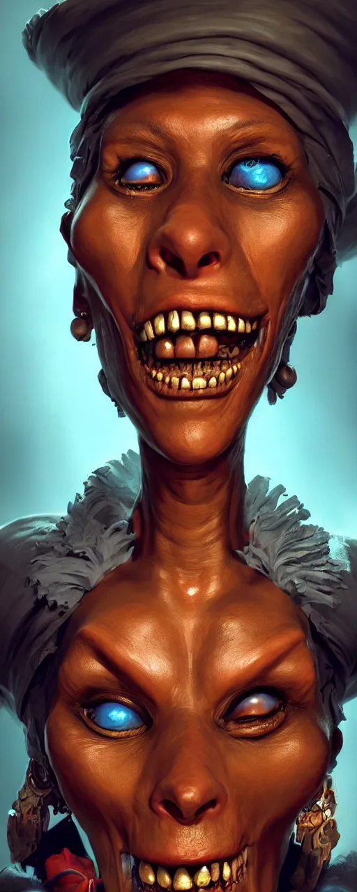Prompt: A Concept art foreshortening portrait of the Voodoo Lady from Monkey Island videogame, cinematic lighting, highly detailed, realistic details, rendered in Octane, cgsociety, 4k post-processing highly detailed, realistic face, trending on artstation, by craig mullins. Steve Purcell.