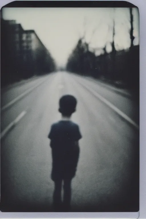 Image similar to photo polaroid of a sad and lonely child in the middle of a road of a city devastated by bombs , has a gun in his hand, loneliness,war, black and white ,photorealistic, 35mm film,