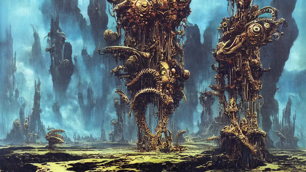 Image similar to surreal eerie alien planet empire with strange biomechanical plants by frank frazetta and bruce pennington, cinematic matte painting