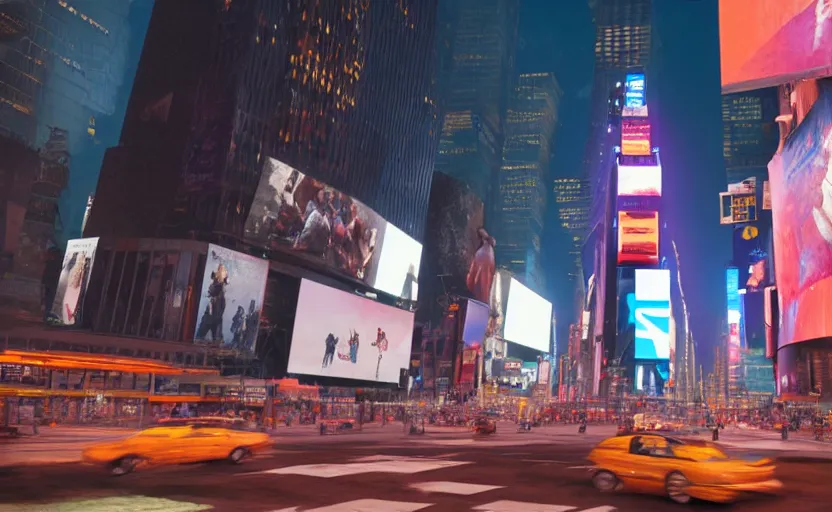 Image similar to a man standing in the middle of Times Square at night, a photorealistic painting by Gregory Crewdson, cgsociety, american scene painting, playstation 5 screenshot, matte painting, cryengine