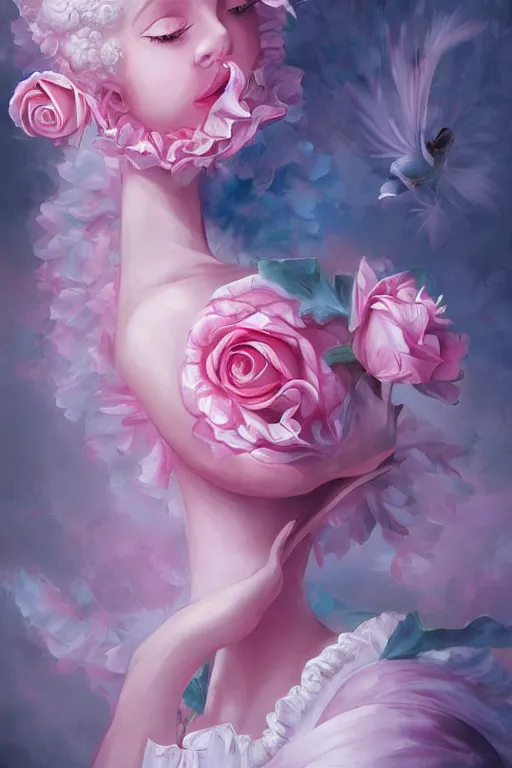 Prompt: beautiful digital painting Marie Antoinette pink roses, by Georgia O\'Keeffe, Carmelo Blandino, Cyril Rolando, artstation, Behance, 4K,