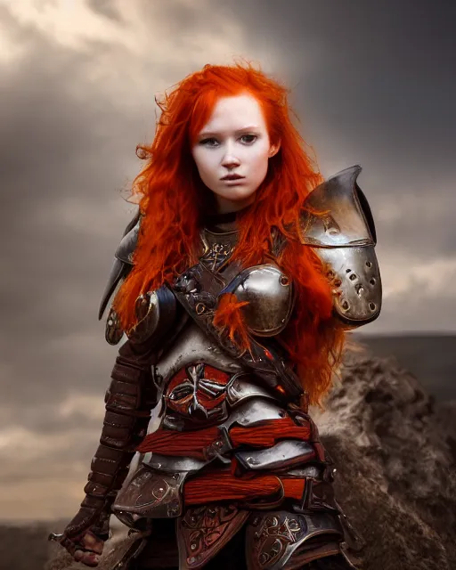Prompt: north female warrior, red hair, ginger hair, fantasy, high detailed, photography, cloudy, lightweight leather armour, Scandinavia, plain, detailed face, cute face, model, glowing skin, serious face, full body, professional photographer, masterpiece, 8k, 3D