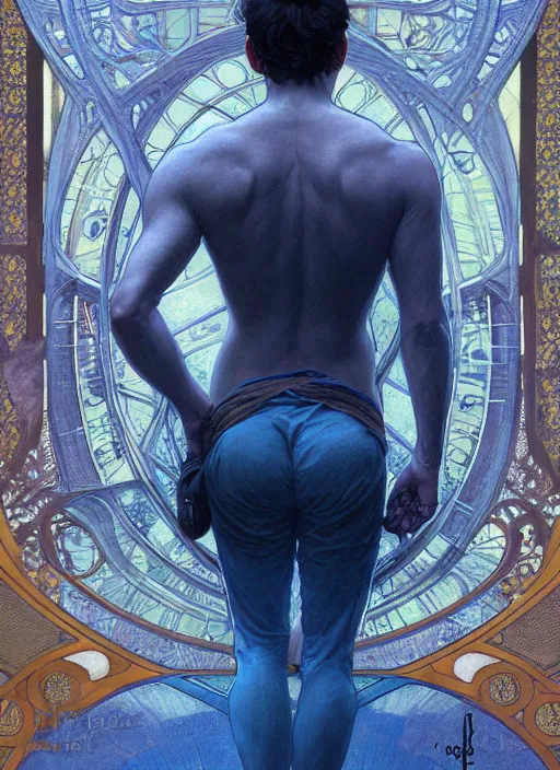 Image similar to handsome young man with short black hair, male, dressed in blue, looking down, half body shot, arms down, path traced, highly detailed, high quality, digital painting, bastien lecouffe - deharme, alphonse mucha, art nouveau, posuka demizu