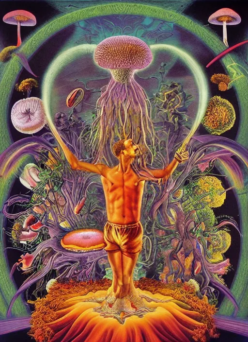 Prompt: 8 0 s new age album cover depicting a mushroom cloud in the shape of g steph curry, very peaceful mood, cardiovascular system, nervous system, oil on canvas by ernst haeckel, by frida kahlo