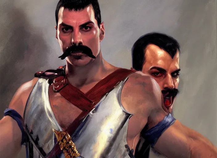 Image similar to a highly detailed beautiful portrait of freddie mercury as kratos, by gregory manchess, james gurney, james jean