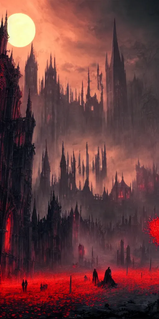 Image similar to populated bloodborne old valley with a dark person at the centre and a ruined gothic city in the background, trees and stars in the background, falling red petals, epic red - orange moonlight, perfect lightning, wallpaper illustration by niko delort and kentaro miura, 4 k, ultra realistic