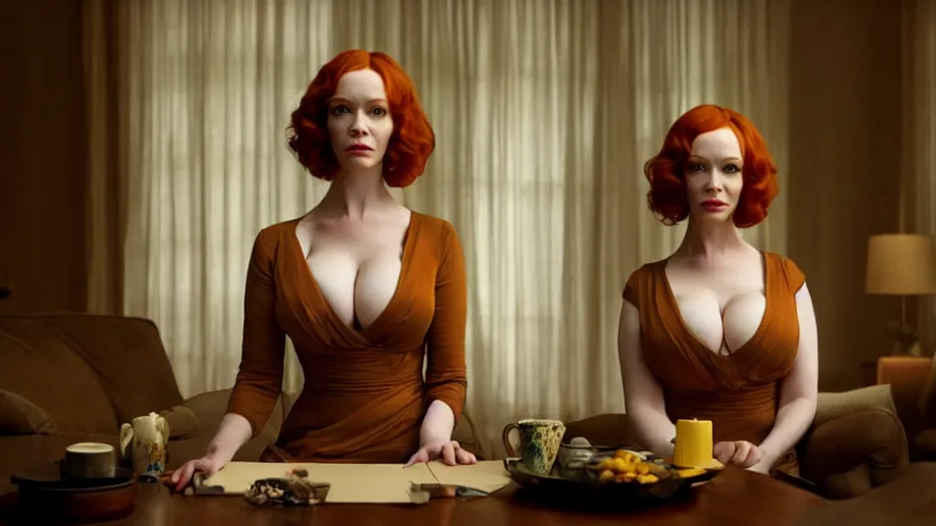 Image similar to Christina Hendricks in the living room, film still from the movie directed by Denis Villeneuve with art direction by Salvador Dalí, wide lens