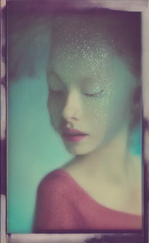 Image similar to a beautiful woman's face in the water, serene emotion, new polaroid, glitchy patterns, kodak color grading, muted colors, hazy, aqua, pastel colors, soft lighting