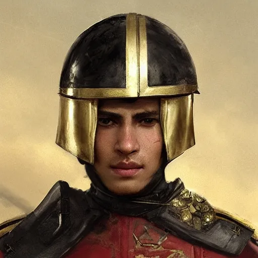 Image similar to Medium closeup young idealistic and pious male Imperial soldier wearing a black tabard with light yellow accents over a gambeson and a {perfect barbut helm}, by Raymond Swanland Greg Rutkowski Lise Deharm, {perfect face}, {perfect eyes}