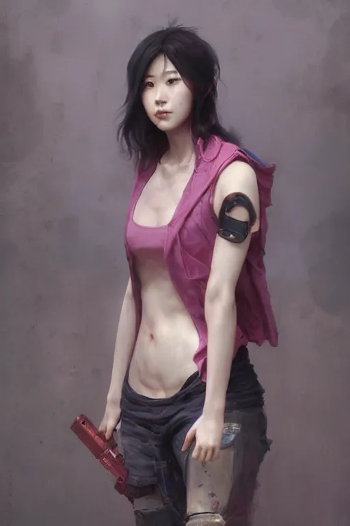 Image similar to Korean cyberpunk female with torn pink tank top, digital art from artstation by Ruan Jia and Mandy Jurgens and Artgerm and william-adolphe bouguereau