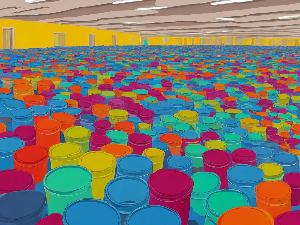 Image similar to a large room and colorful paint buckets in the style of simon stalenhag