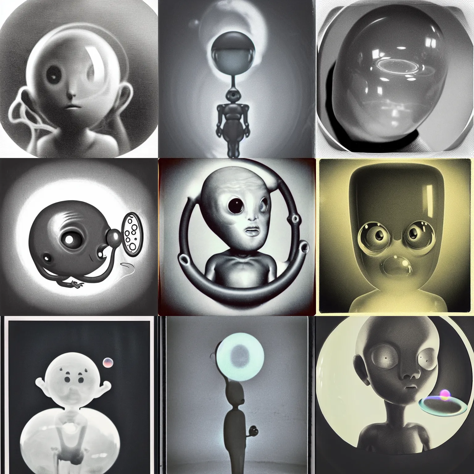 Prompt: a humanoid gray alien creature blowing bubbles. bulbous head extraterrestrial with big black eyes. blowing bubble hoop. eerie, real, polaroid, nostalgic memory