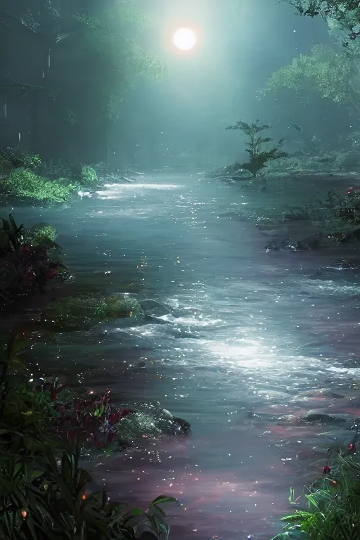 Prompt: The sparkling creek is full of jewels and glitters in the moonlight, ruby, sapphire, celestine, moonstone, amethyst, garnet, emerald, pearl, concept art, fantasy, gothic cathedral, light through the mist, dramatic lighting, photorealistic, cinematic lighting, high detail, cinematic feel, high octane, 4K, Unreal Engine, digital render, intricate, ultra realistic, crepuscular ray, low angle, superwide shot, lunapunk