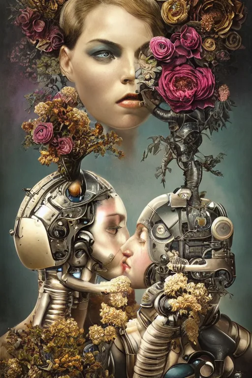 Prompt: a beautiful ultradetailed vintage photo of two angry cyborgs butting heads against each other, by tom bagshaw and anna dittman, portrait, vignette, 3 5 mm lens, golden ratio composition, detailed faces, studio photography, very detailed, humanoids overgrown with flowers, industrial robots, artstation, 8 k, highly coherent