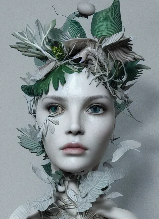 Prompt: complex intricate 3 d render hyper detailed ultra sharp of a cyborg beautiful porcelain woman with big leaves and stems in her hair, overgrown foliage, fungi pores, octane, 8 k,