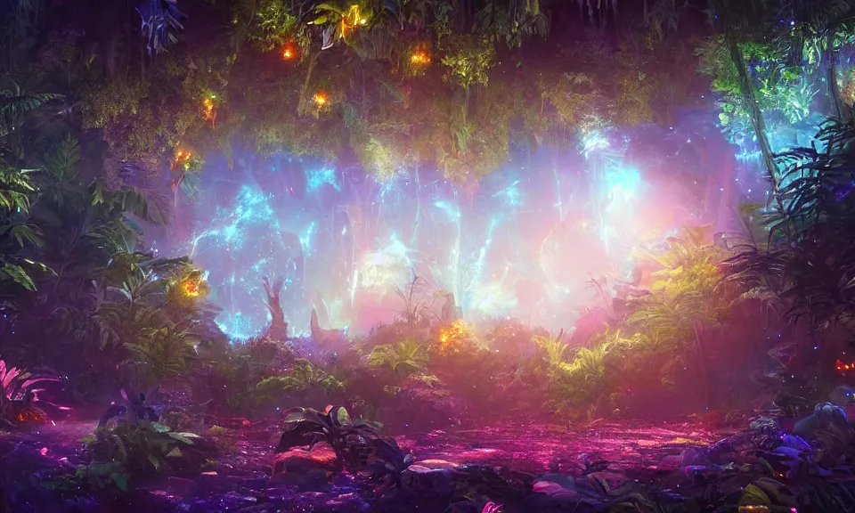 Prompt: a watercolor painting of a glowing sparkling gigantic portal in a mysterious jungle, fantasy, flowery, particles, fireflies, octane render, unreal engine, artstation, digital art