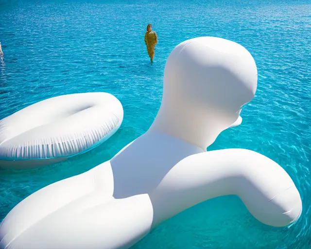 Image similar to a long shot of a giant award winning sculpture made out of inflatable pool toys in the shape of a human head, on the surface of the ocean, in the style of chad knight, hyper detailed, hyper realistic, ray tracing, 8 k resolution, sharp focus, realistic water