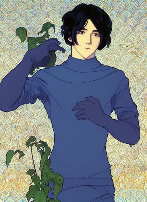 Image similar to handsome young man with short black hair, male, dressed in blue, half body shot, arms folded, path traced, highly detailed, high quality, digital painting, by studio ghibli and alphonse mucha, leesha hannigan, hidari, art nouveau, chiho aoshima, posuka demizu, atey ghailan, artgerm, ayami kojima