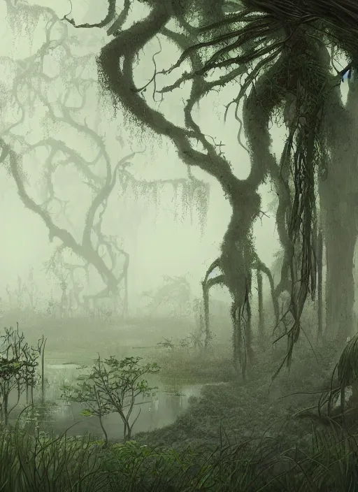 Image similar to a swamp with vines, hidden overgrown ruins, foggy, atmospheric, misty, moebius, detailed, digital art, trending on artstation