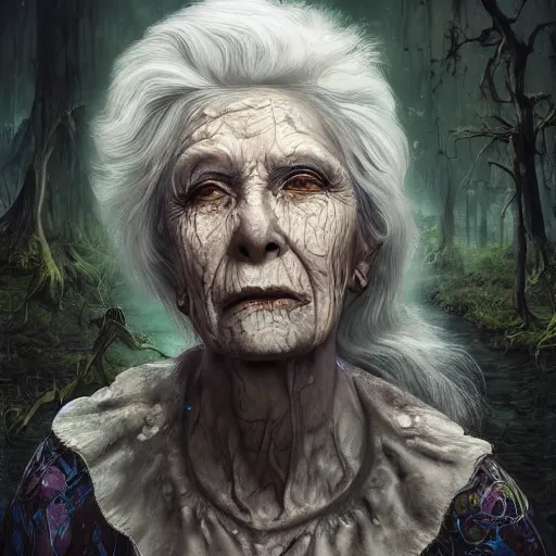 Image similar to fantasy portrait of an energetic old woman with silky, cloudy grey hair, black scars on her face, swamp vegetation in the background, nocturnal palette, art by greg rutowski, raphael lacoste, eddie mendoza, artgerm, trending on artstation