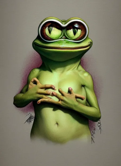 Prompt: pepe the frog, portrait, intricate, sad, highly detailed, digital painting, artstation, concept art, wallpaper, smooth, sharp focus, illustration, art by artgerm and greg rutkowski and alphonse mucha