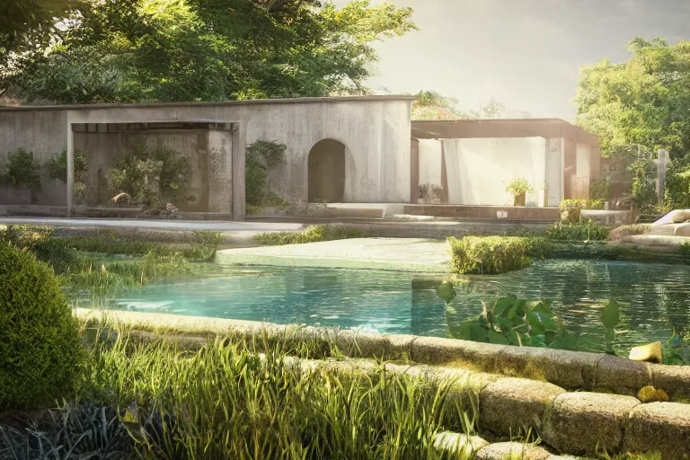 Image similar to serene garden with pool and a house in the background, hyper realistic, ambient lighting, concept art, intricate, hyper detailed, smooth, dynamic volumetric lighting, octane, raytrace, cinematic, high quality, high resolution, 4 k, cgsociety, rutkowski, gurney