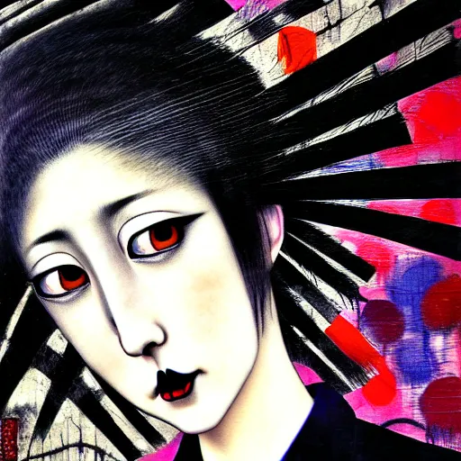 Image similar to yoshitaka amano blurred and dreamy realistic three quarter angle portrait of a young woman with black lipstick and black eyes wearing dress suit with tie, junji ito abstract patterns in the background, satoshi kon anime, noisy film grain effect, highly detailed, renaissance oil painting, weird portrait angle, blurred lost edges