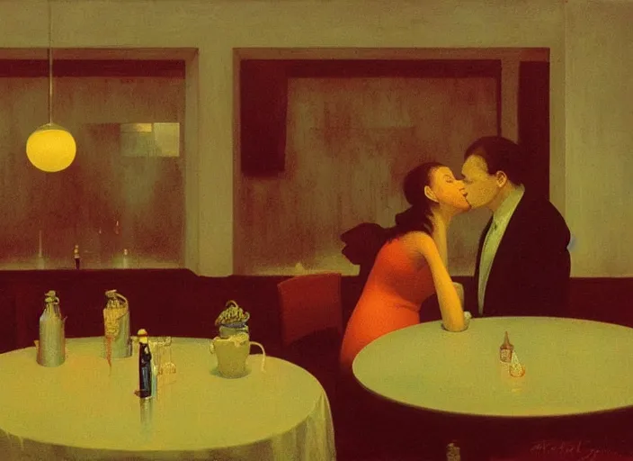 Image similar to spherical melting people kissing at flooded restaurant Edward Hopper and James Gilleard, Zdzislaw Beksinski highly detailed