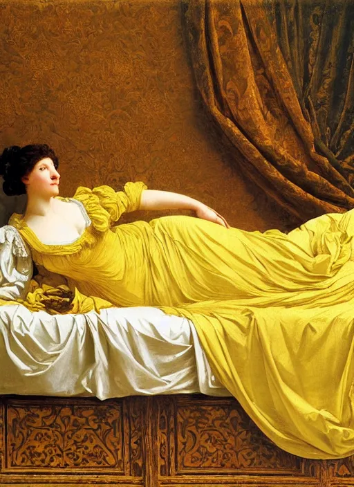 Image similar to masterpiece portrait of lady reclining on bed, rococo flowing cloth in wind raising twisting rising sheets floating in wind flying, wearing yellow ochre ornate medieval dress, vertical, foreshortening, colour photography by frederic leighton, william morris, 8 k