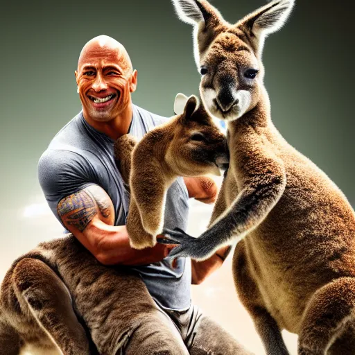 Prompt: dwayne johnson riding a kangaroo, studio photography, high detail, ultra high detail, 4 k, hdr, 8 k