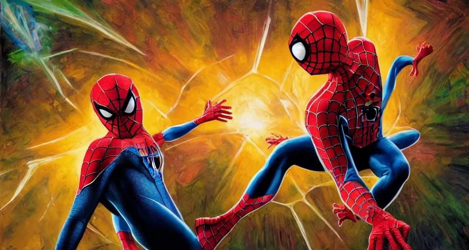 Prompt: tobey maguire's spider - man vs anthropomorphic lizard, reptile, creepy poster, alex ross art, air brush, oil paint, radiant light, caustics, heroic, bright iridescent light, cinematic shot, high quality, very epic, ultra detailed, 8 k.