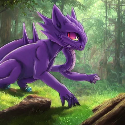 Image similar to concept art painting of an anthropomorphic purple anime furry dragon, in the deep forest, realistic, detailed, cel shaded, in the style of makoto shinkai and greg rutkowski and james gurney