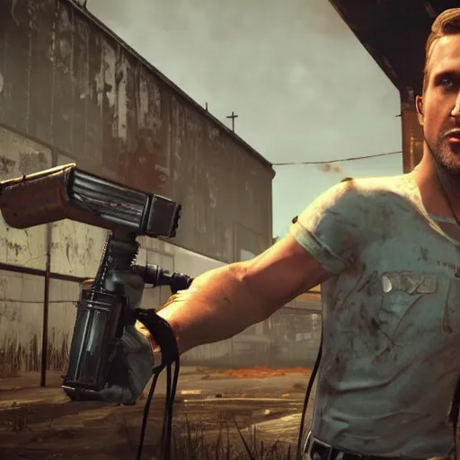 Image similar to ryan gosling in fallout 4 holds a minigun in his hands