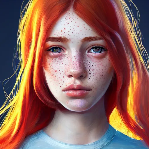 Image similar to portrait of a teen girl with freckles with long red hair and bright brown eyes, 8 k, highly detailed, digital painting, artstation, sharp focus, illustration