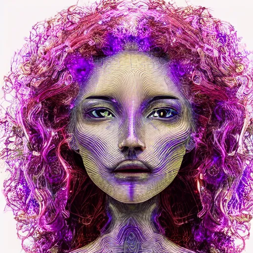 Prompt: beautiful female portrait, made of 3 d swirls, inner glow, symmetric face, flowing curly hair, under the moonlight, gemstone necklace, by wlop