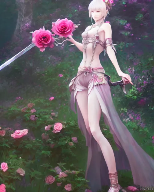 Image similar to an elegant lady surrounded by holographic swords in a garden full of roses, final fantasy, cushart krenz, cushart krenz, goddess, unreal engine, very detailed, realistic face, detailed face, matte, tonemapping, perfection, 4 k