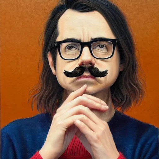 Image similar to An Oil Painting of the back view of Rivers Cuomo in a sweater with long hair and a mustache masterfully playing the piano, hyperrealistic, extremely realistic, highly realistic, HD Quality, 4k resolution, 8k resolution, Detailed, Very Detailed, Highly Detailed, Extremely Detailed, Intricate Details, Real, Very Real, Oil Painting, Digital Painting, Painting, Trending on Deviantart, Trending on Artstation