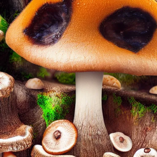 Image similar to macro photo with a mushroom character with cute eyes, very close to real nature, natural colors and natural surroundings, painted patterns and coloring on mushrooms, 8K, highly detailed