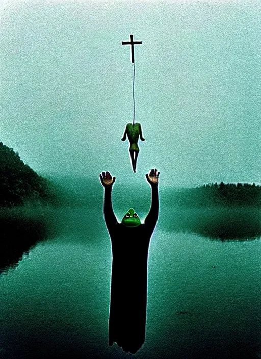 Prompt: “pepe the frog vertically hovering above misty lake waters in jesus christ pose, low angle, long cinematic shot by Andrei Tarkovsky, paranormal, eerie, mystical”