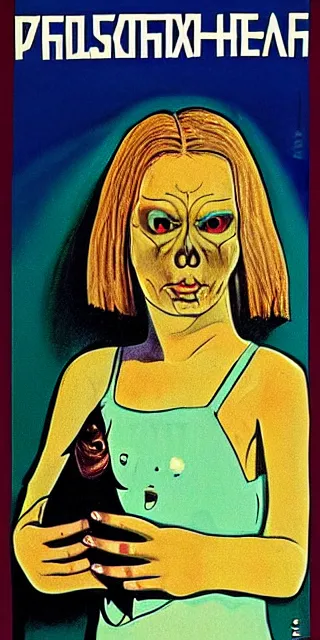 Image similar to Polish movie poster for a horror film about a woman with a fish for a head, 1983