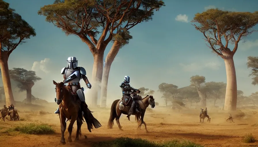 Prompt: mandalorian riding a horse alone, madagascar with baobabs trees in the background, tribe members chasing for an attack, action scene, an epic fantasy, artgerm and greg rutkowski and alphonse mucha, an epic fantasy, volumetric light, detailed, establishing shot, cinematic, photorealistic, trending on art station, octane render, midsommar