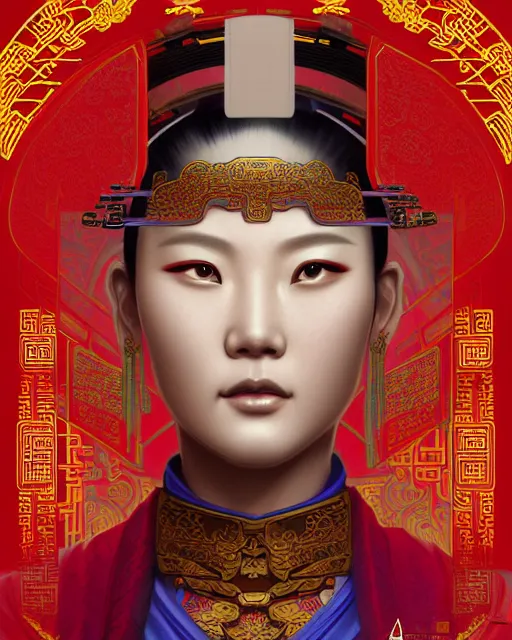 Image similar to portrait of a chinese cyberpunk machine, machine face, upper half portrait, decorated with chinese opera motifs, regal, asian, fine china, wuxia, traditional chinese art intricate intense elegant 京 剧 highly detailed digital painting artstation concept art smooth sharp focus illustration, art by artgerm and greg rutkowski alphonse mucha 8 k