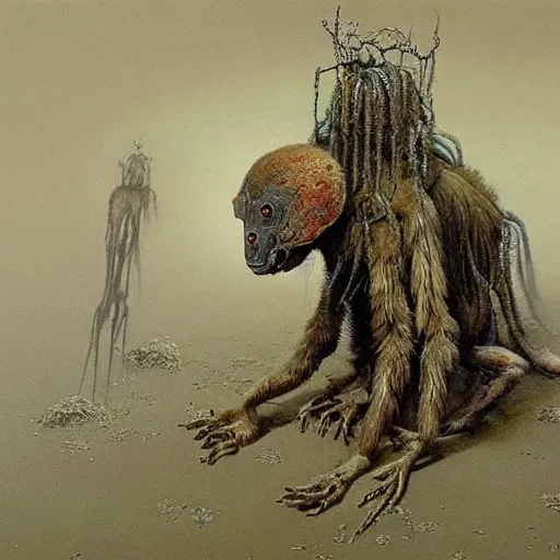 Image similar to tarantula morphed with hyena in sewer, long skinny legs and large fangs, sitting on web, highly detailed beksinski painting