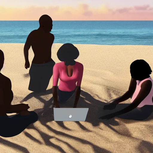 Prompt: group of black people working with macbook sitting on the beach sand, photorealism, ultra detailed, dynamic light