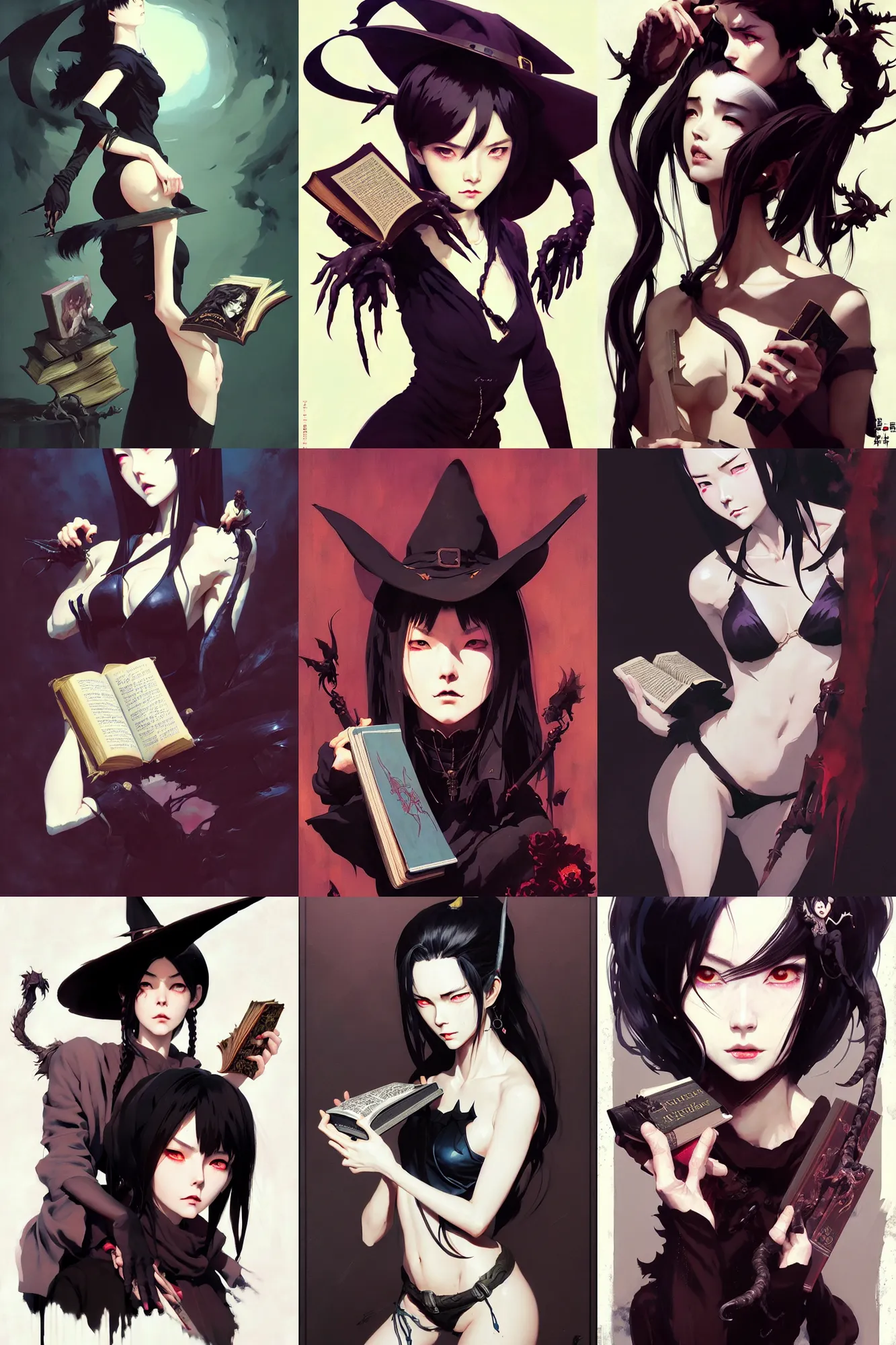 Prompt: hyper - realistic portrait of witch with demonology book, extreme detail, in style of pan ren wei, ilya kuvshinov, yoji shinkawa, atey ghailan, krenz cushart, by greg rutkowski, by greg tocchini, by james gilleard, by joe fenton, by kaethe butcher, grunge aesthetic