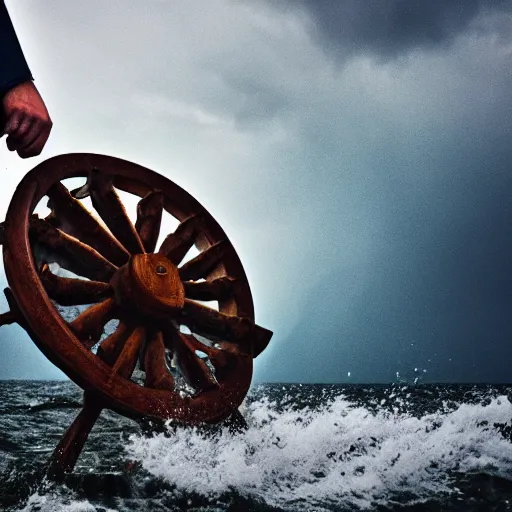 Image similar to man holding the ship's wheel during a storm at sea