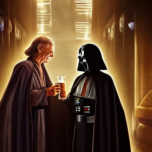 Image similar to star wars palpatine and obi wan drin beer in a sci - fi bar, movie still, screenshot, photorealistic painting, fanart, highly detailed