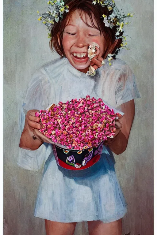 Image similar to portrait ancient of a happy girl, lots of flowers and popcorn around, hyperrealistic, hightech