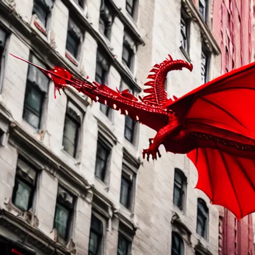 Image similar to a red flying dragon in the streets of New-York city